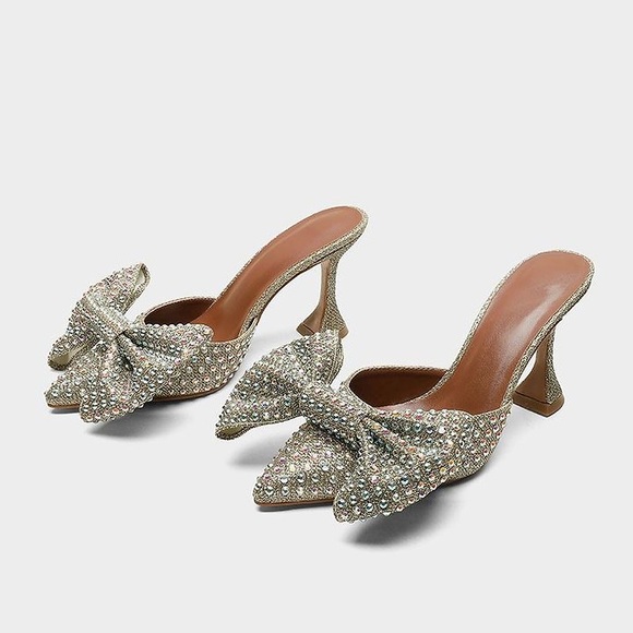 🎉Oversized Rhinestone Bow High Heel Slippers - Picture 2 of 6